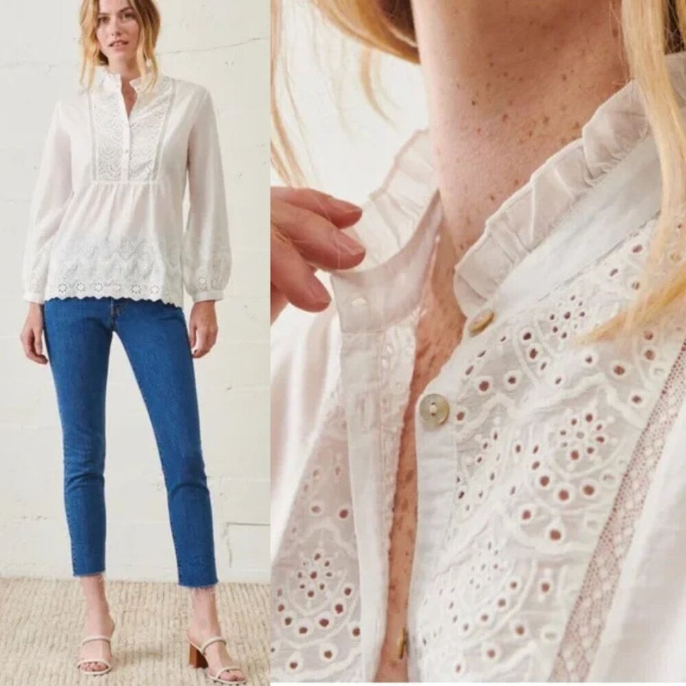 WVN White Meredith Eyelet Long Sleeve Blouse Size Medium 23263